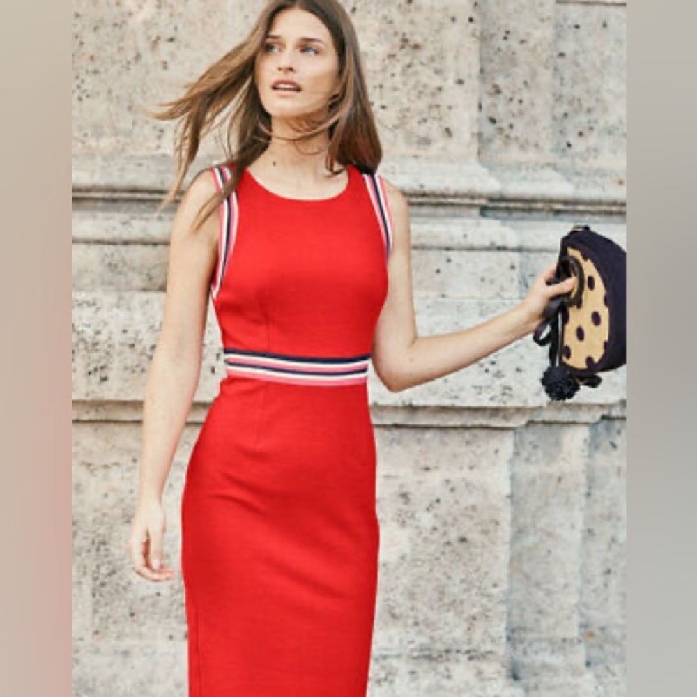 Boden Red Sleeveless Sheath Dress with Striped Waist